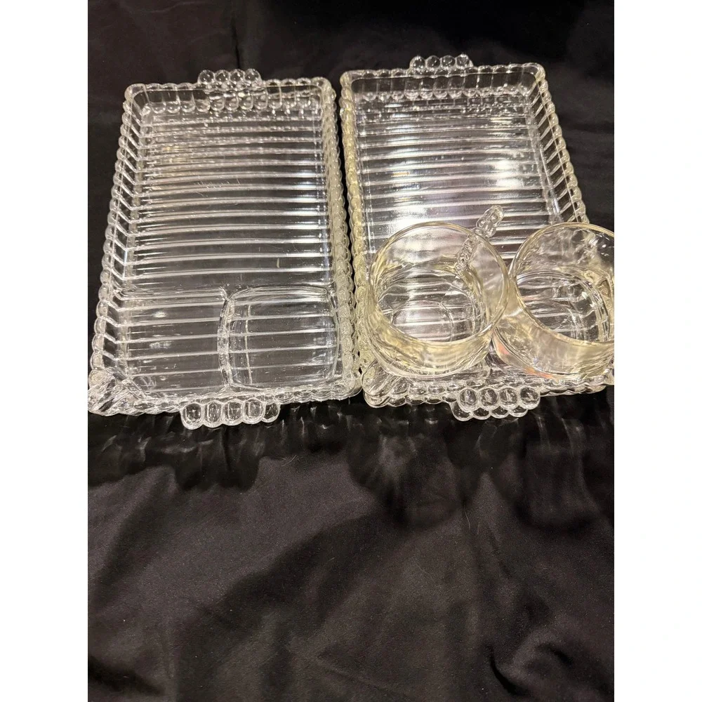 Vintage Federal Glass Manhattan Snack Set 4 Trays 2 Cups Clear Ribbed Art Deco
